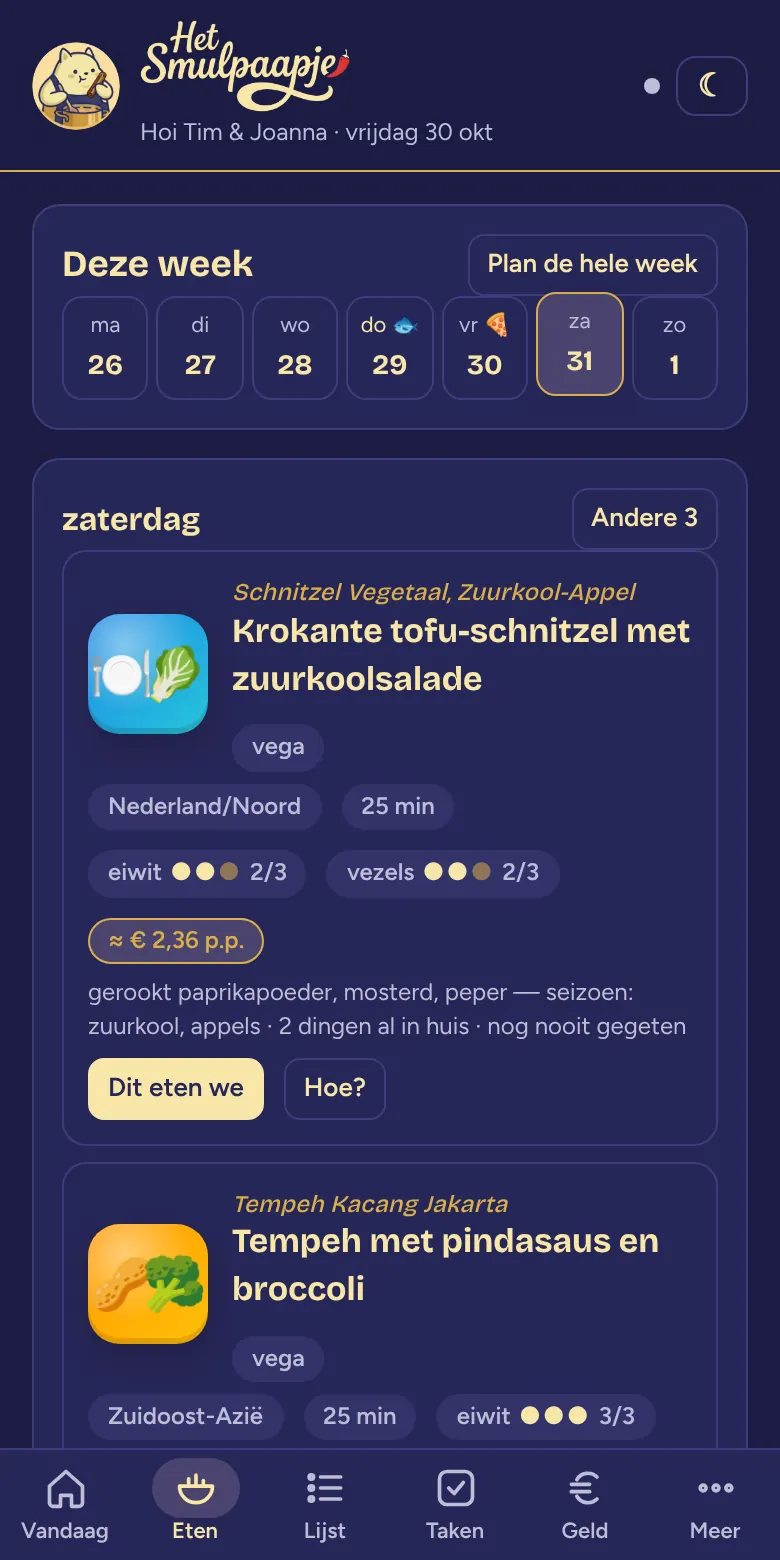 Het tabblad Eten in donker thema