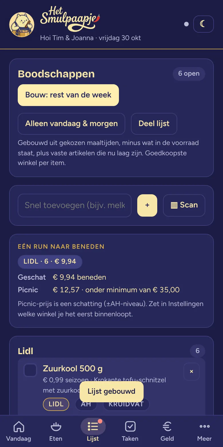 De boodschappenlijst in donker thema